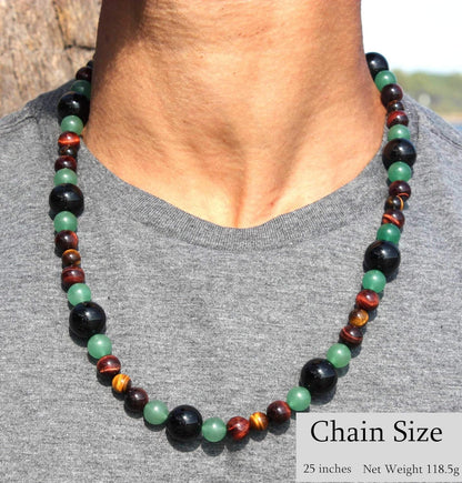African Tribal Necklace for Men – 25 Inch Long Beaded Gemstone Necklace with Onyx, Green Jade Aventurine, Red & Yellow Tiger Eye – Handmade Spiritual Jewelry