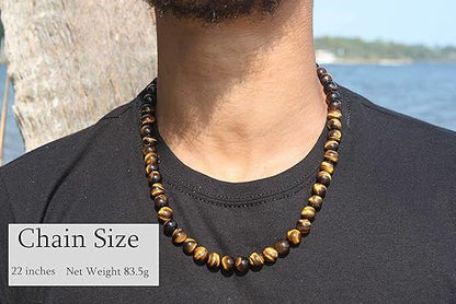 Auras by Osiris - Tiger Eye Beaded Necklace For Men - World Class Durability & Easy Lock Clasp - Good Luck - Confidence - Handmade in USA Tiger Eye 10mm)