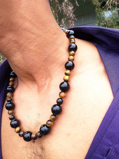 Mens Beaded Necklace - Tiger Eye Necklace - Black Onyx Necklace - Karma Protection Necklace - Anti Depression - Crystal Healing Gemstone Talisman