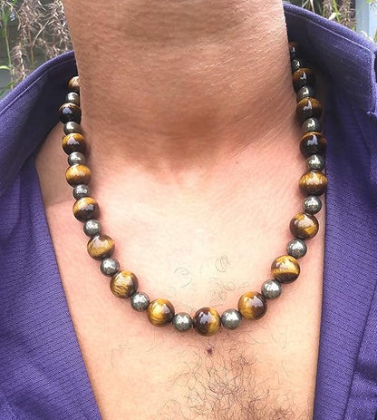 Men’s Beaded Necklace – 14mm Tiger Eye & 10mm Pyrite Gemstone – Healing Crystal Protection Jewelry for Confidence & Energy