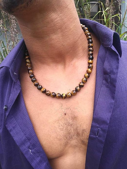 Auras by Osiris - Tiger Eye Beaded Necklace For Men - World Class Durability & Easy Lock Clasp - Good Luck - Confidence - Handmade in USA Tiger Eye 10mm)