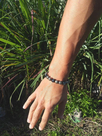 Handmade Pyrite Blue Tigers Eye Bracelet 10mm Natural Gemstones-Strong Leather Cord (AURAS BY OSIRIS)