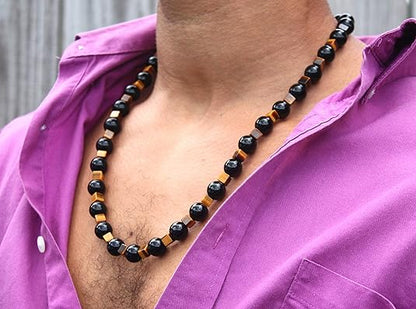 Auras by Osiris - Onyx and Tiger Eye Beaded Necklace For Men - World Class Durability & Easy Lock Clasp - Aura Shielding - Confidence - Handcrafted by Master Shaman