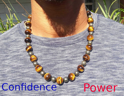 Handmade Tiger Eye & Pyrite Necklace for Men – Prosperity, Grounding & Protection Beaded Mala – 22”