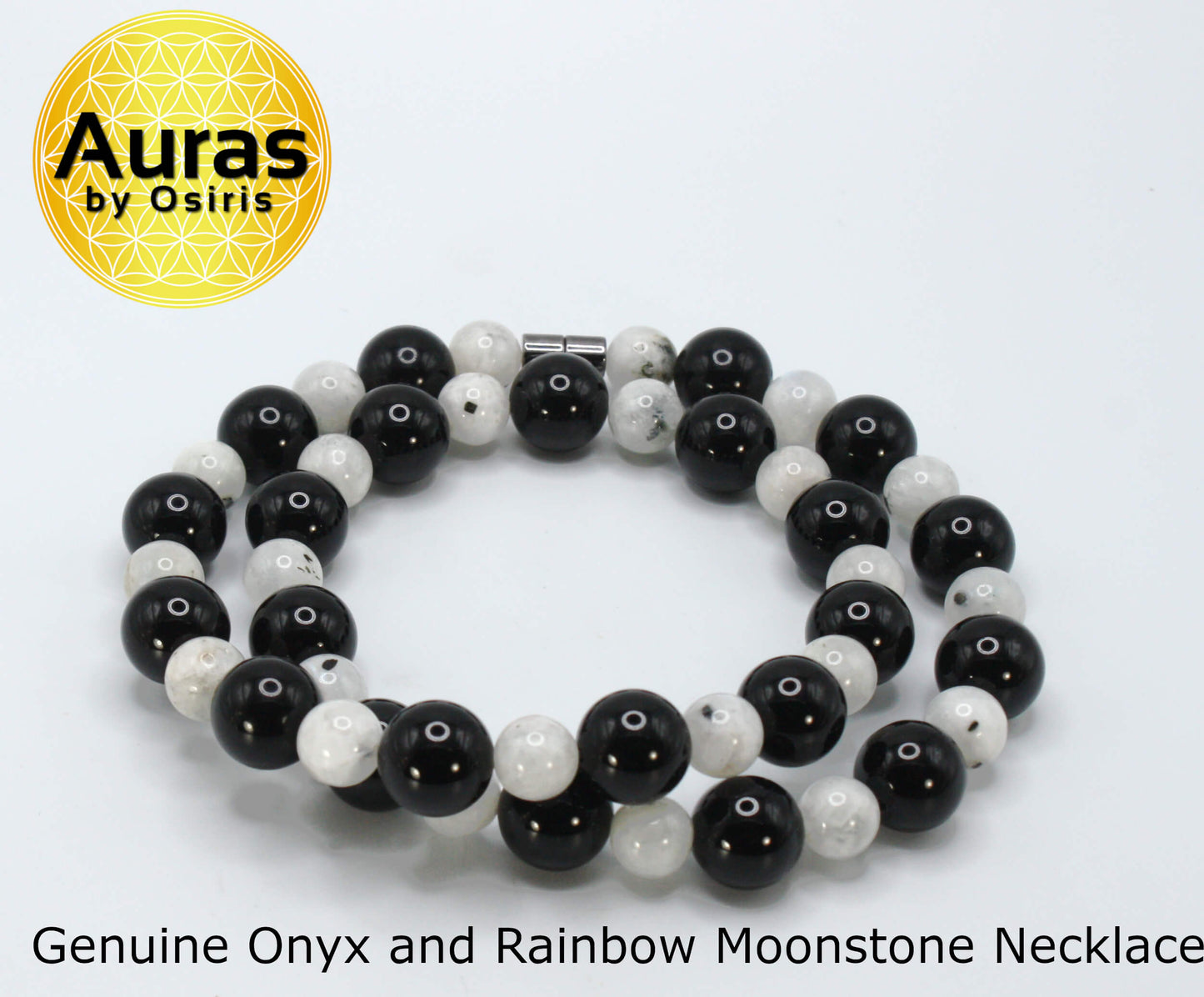 Genuine Onyx and Rainbow Moonstone Necklace - Gifts for Men/Women - 14mm and 10mm Beaded Necklace