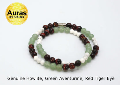Auras by Osiris Howlite, Aventurine & Red Tiger Eye Necklace 🌈 | 6mm/8mm Calm, Prosperity & Courage (Mexico Artisanal)