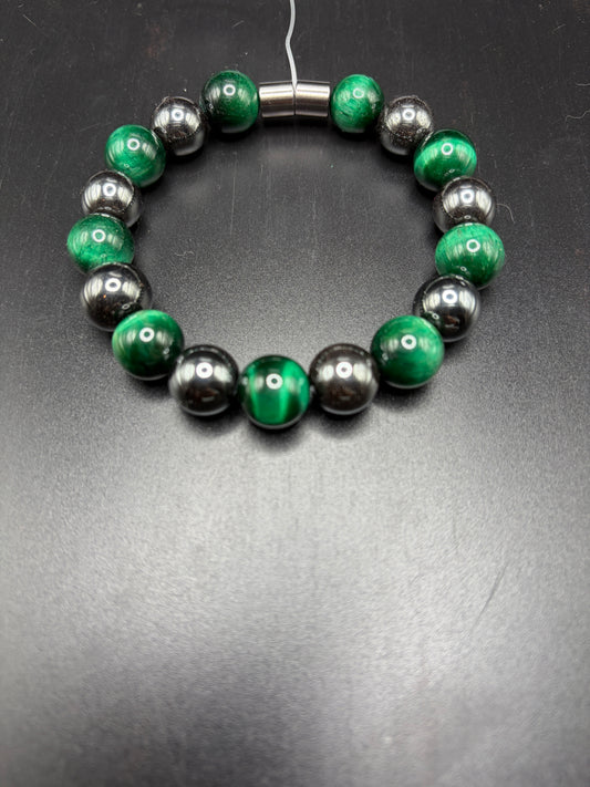 12mm Hematite & Green Tiger Eye Bracelet