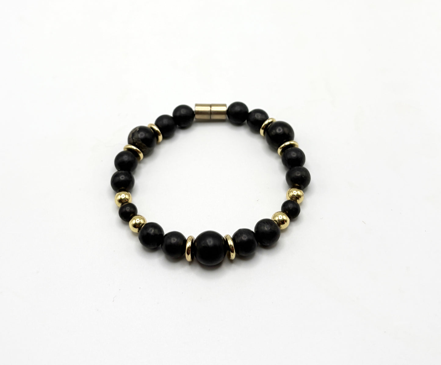 Black Shungite Bracelet with Gold Spacers – Magnetic Clasp Bracelet – Grounding Energy Jewelry