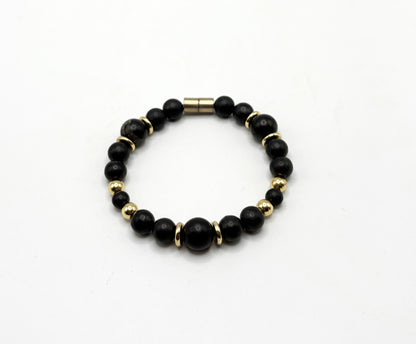 Black Shungite Bracelet with Gold Spacers – Magnetic Clasp Bracelet – Grounding Energy Jewelry