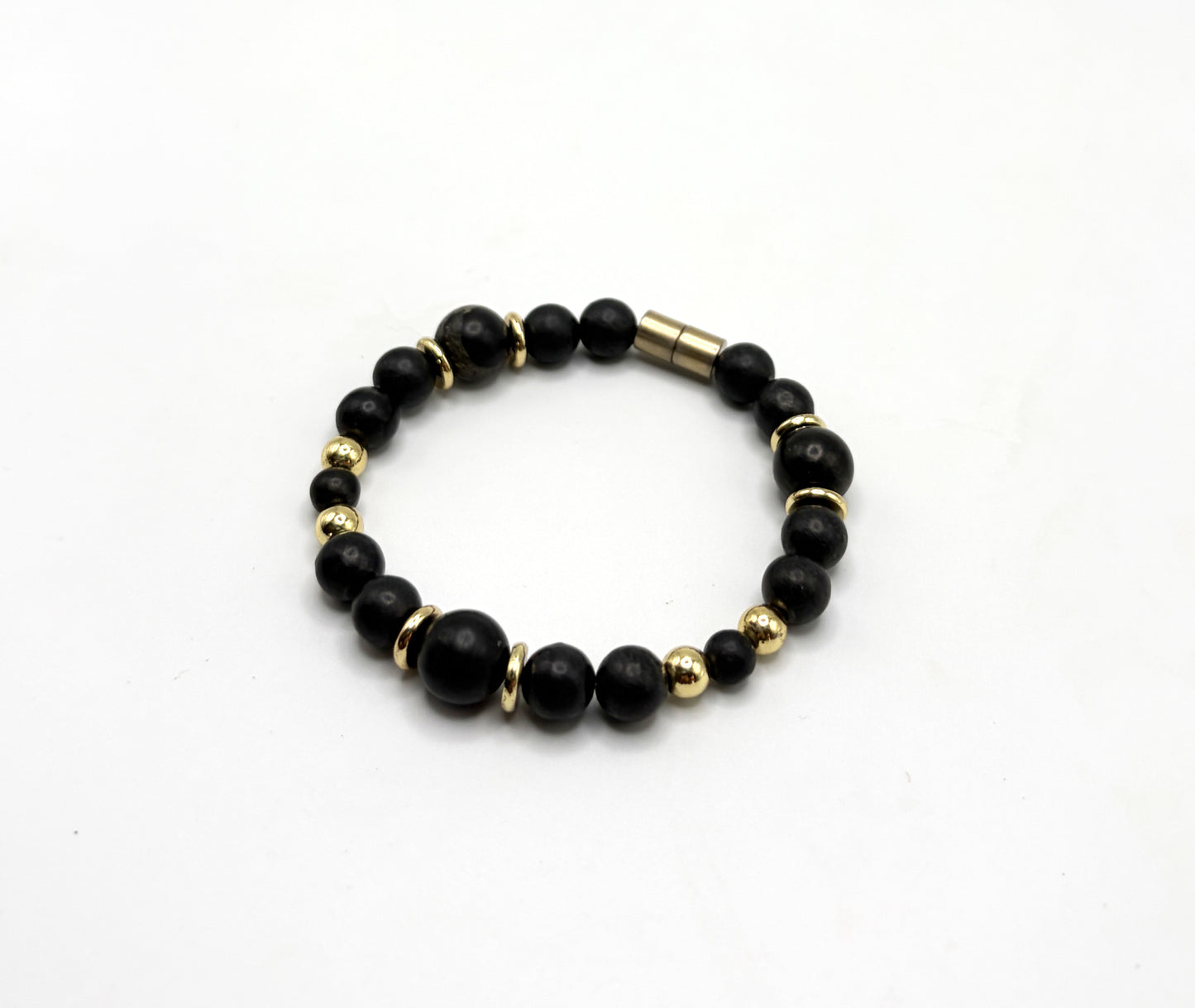 Black Shungite Bracelet with Gold Spacers – Magnetic Clasp Bracelet – Grounding Energy Jewelry