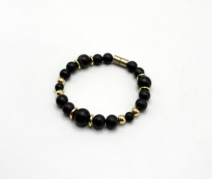 Black Shungite Bracelet with Gold Spacers – Magnetic Clasp Bracelet – Grounding Energy Jewelry
