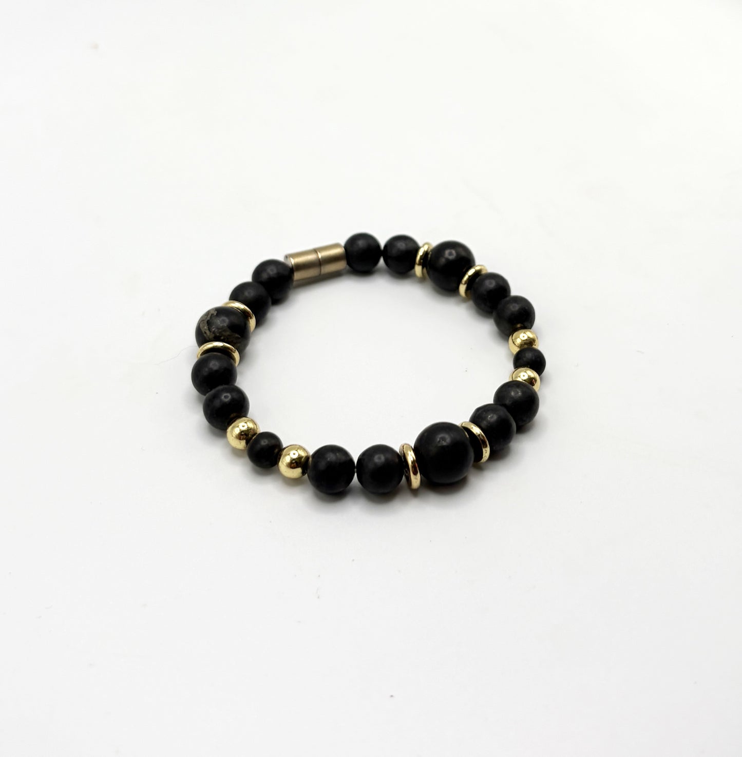 Black Shungite Bracelet with Gold Spacers – Magnetic Clasp Bracelet – Grounding Energy Jewelry