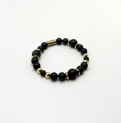 Black Shungite Bracelet with Gold Spacers – Magnetic Clasp Bracelet – Grounding Energy Jewelry