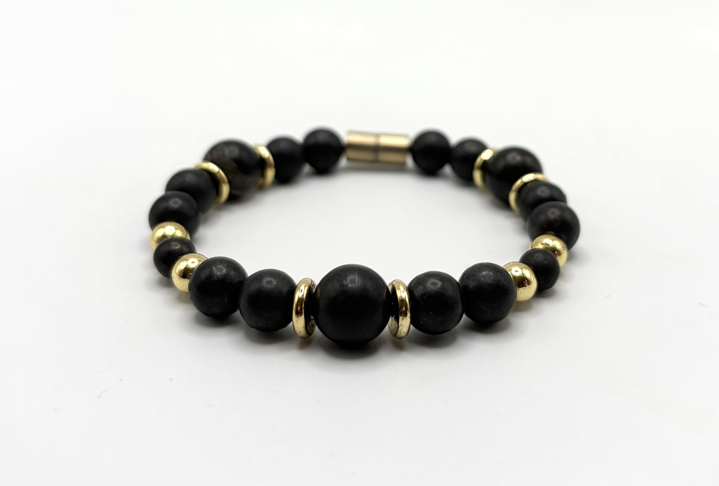 Black Shungite Bracelet with Gold Spacers – Magnetic Clasp Bracelet – Grounding Energy Jewelry