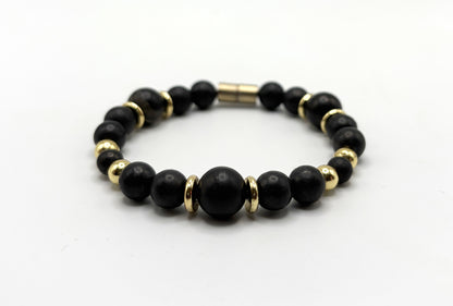 Black Shungite Bracelet with Gold Spacers – Magnetic Clasp Bracelet – Grounding Energy Jewelry