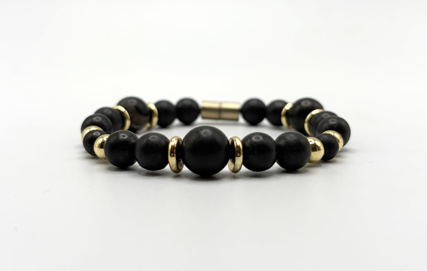 Black Shungite Bracelet with Gold Spacers – Magnetic Clasp Bracelet – Grounding Energy Jewelry
