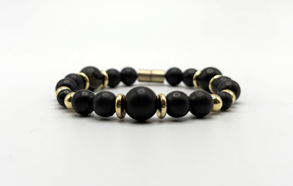 Black Shungite Bracelet with Gold Spacers – Magnetic Clasp Bracelet – Grounding Energy Jewelry
