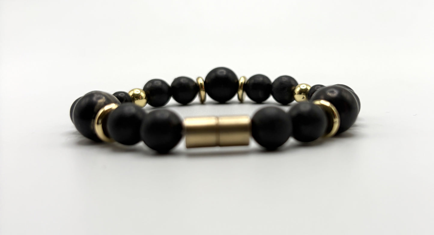 Black Shungite Bracelet with Gold Spacers – Magnetic Clasp Bracelet – Grounding Energy Jewelry