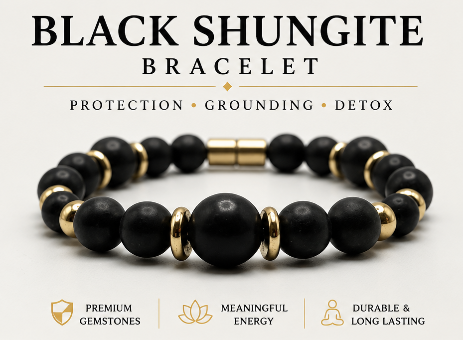 Black Shungite Bracelet with Gold Spacers – Magnetic Clasp Bracelet – Grounding Energy Jewelry