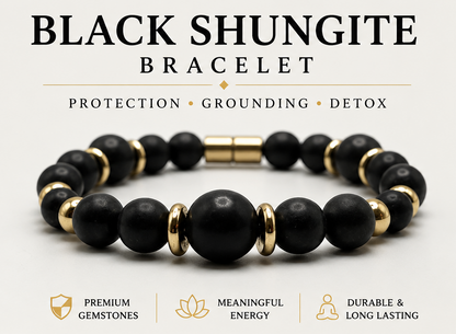 Black Shungite Bracelet with Gold Spacers – Magnetic Clasp Bracelet – Grounding Energy Jewelry