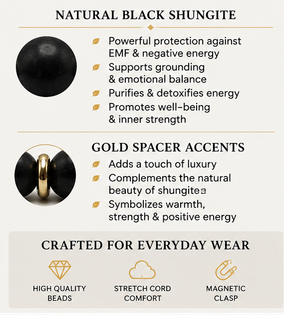 Black Shungite Bracelet with Gold Spacers – Magnetic Clasp Bracelet – Grounding Energy Jewelry