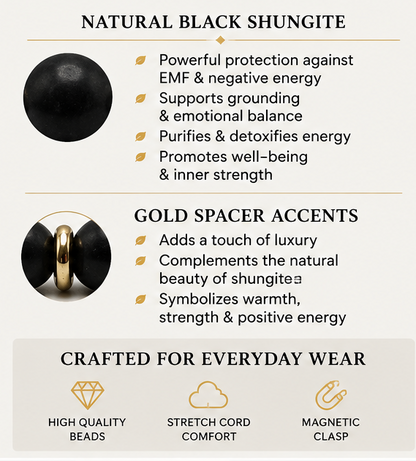 Black Shungite Bracelet with Gold Spacers – Magnetic Clasp Bracelet – Grounding Energy Jewelry
