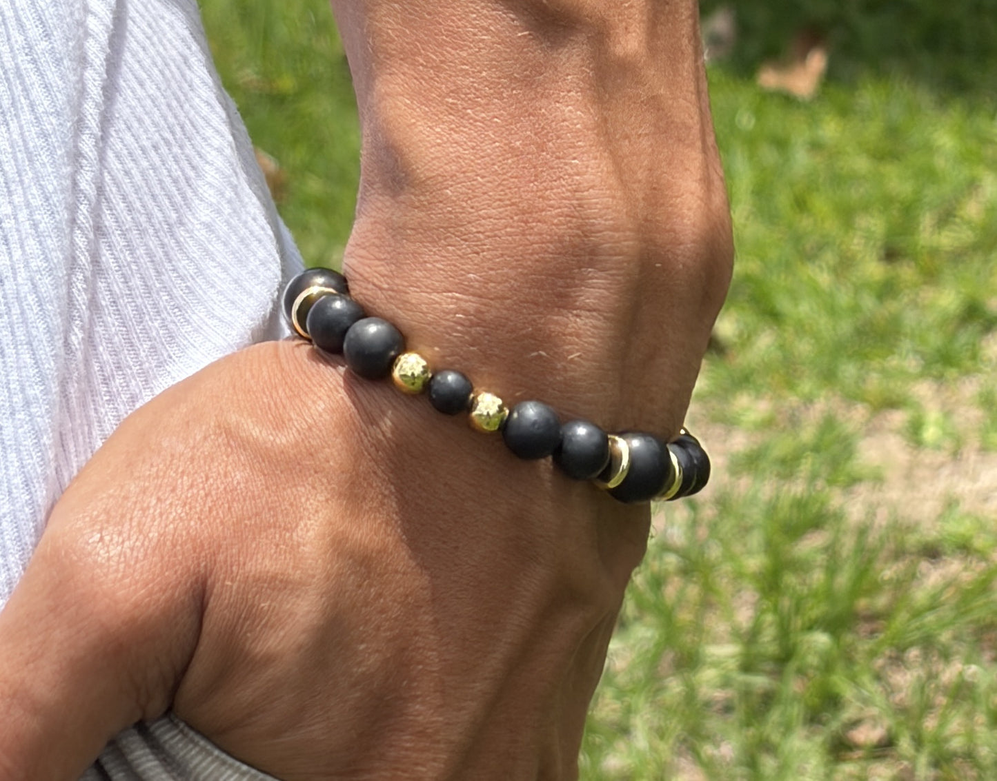 Black Shungite Bracelet with Gold Spacers – Magnetic Clasp Bracelet – Grounding Energy Jewelry