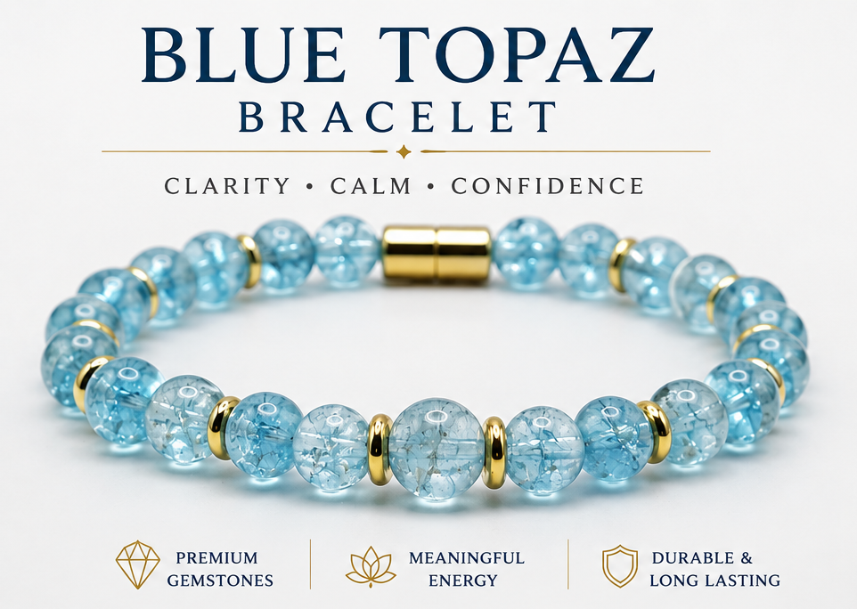 Blue Topaz Bracelet with Gold Spacers – Magnetic Clasp Bracelet – Communication, Clarity & Self-Expression Jewelry