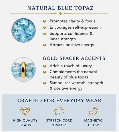 Blue Topaz Bracelet with Gold Spacers – Magnetic Clasp Bracelet – Communication, Clarity & Self-Expression Jewelry