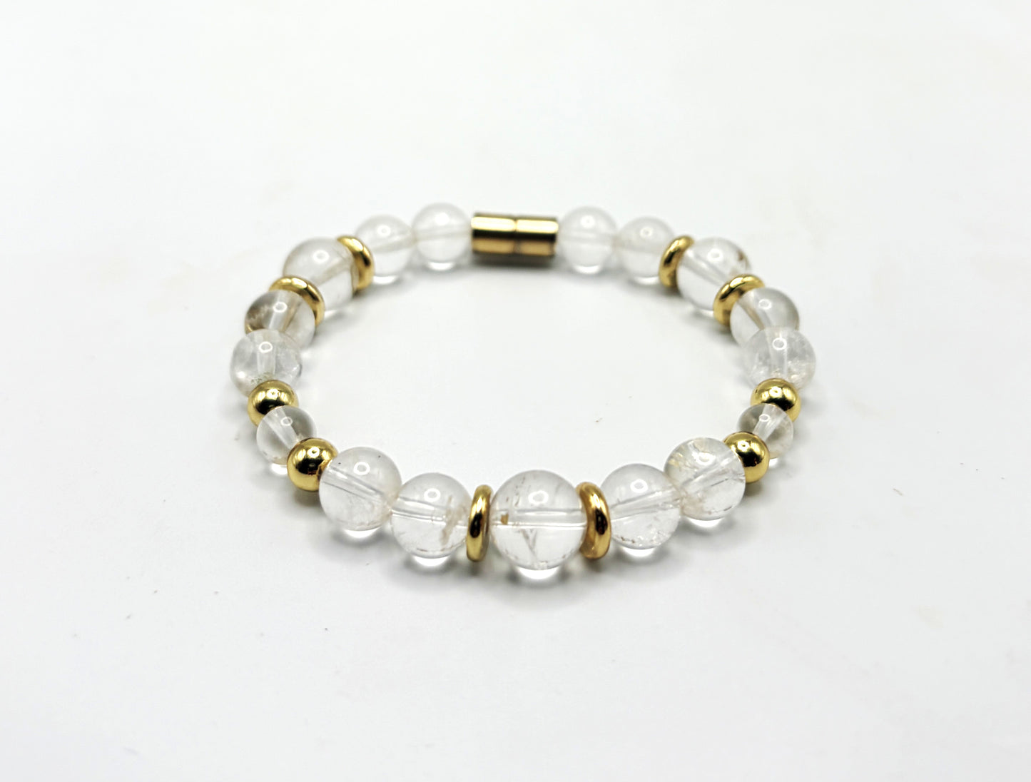 Clear Quartz Bracelet with Gold Spacers – Magnetic Clasp Gemstone Jewelry – Clarity, Focus, & Energy Amplifier