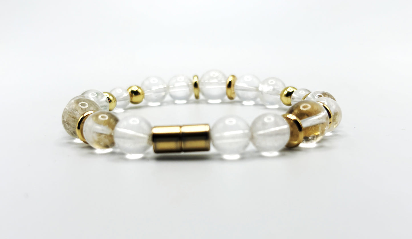Clear Quartz Bracelet with Gold Spacers – Magnetic Clasp Gemstone Jewelry – Clarity, Focus, & Energy Amplifier
