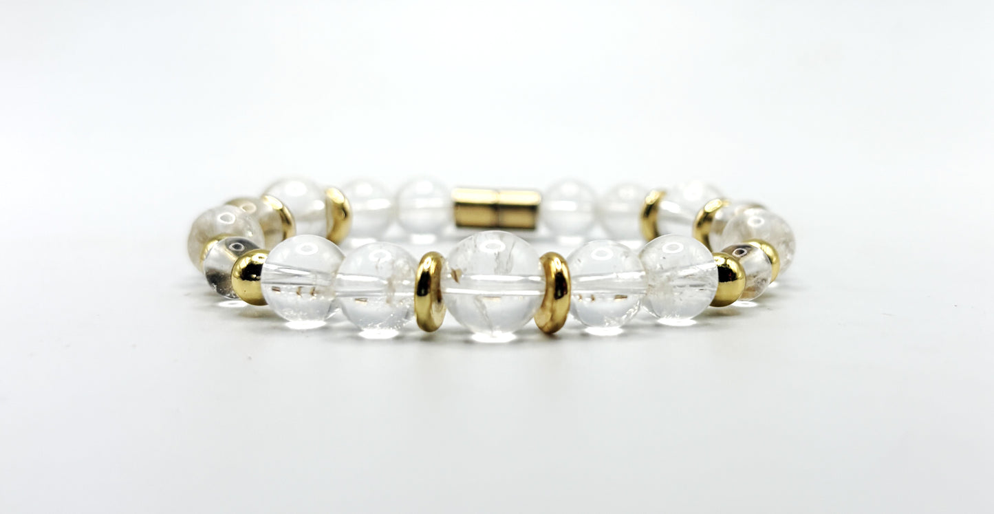 Clear Quartz Bracelet with Gold Spacers – Magnetic Clasp Gemstone Jewelry – Clarity, Focus, & Energy Amplifier