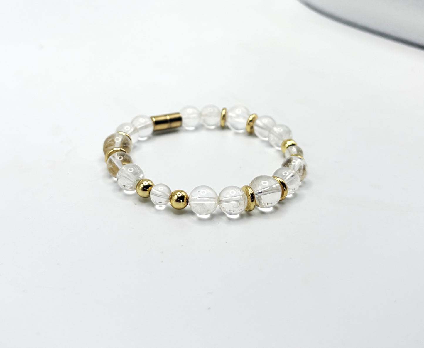 Clear Quartz Bracelet with Gold Spacers – Magnetic Clasp Gemstone Jewelry – Clarity, Focus, & Energy Amplifier