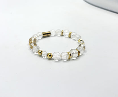 Clear Quartz Bracelet with Gold Spacers – Magnetic Clasp Gemstone Jewelry – Clarity, Focus, & Energy Amplifier