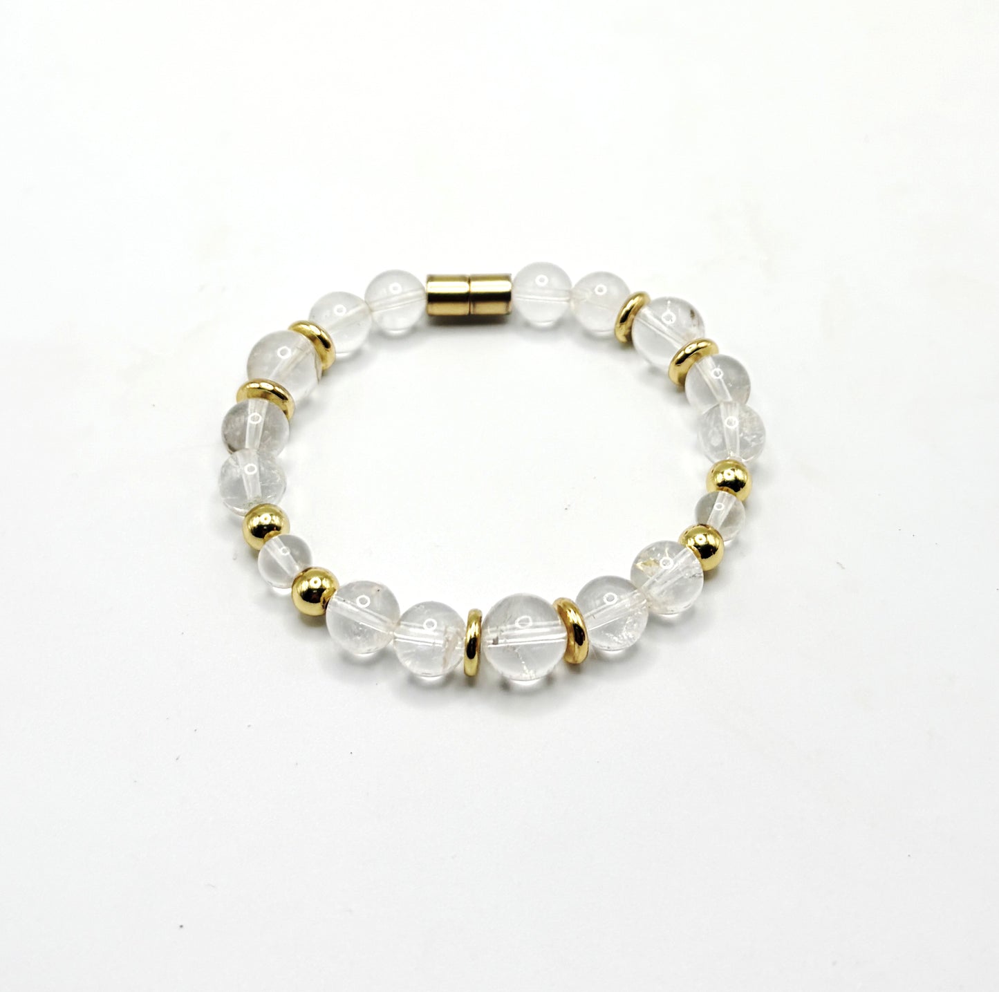 Clear Quartz Bracelet with Gold Spacers – Magnetic Clasp Gemstone Jewelry – Clarity, Focus, & Energy Amplifier