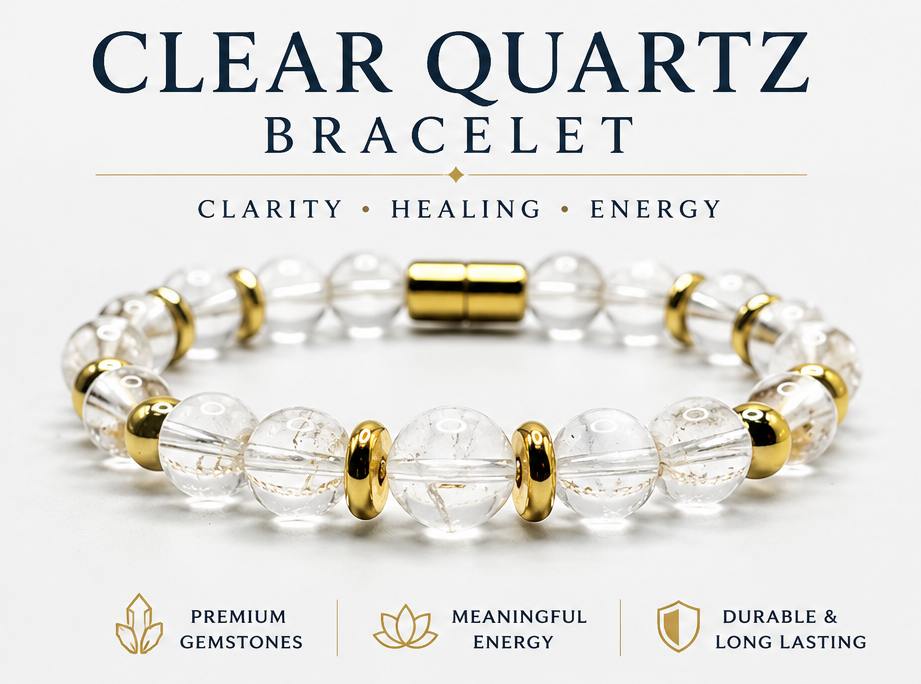 Clear Quartz Bracelet with Gold Spacers – Magnetic Clasp Gemstone Jewelry – Clarity, Focus, & Energy Amplifier