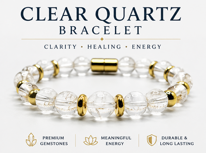 Clear Quartz Bracelet with Gold Spacers – Magnetic Clasp Gemstone Jewelry – Clarity, Focus, & Energy Amplifier