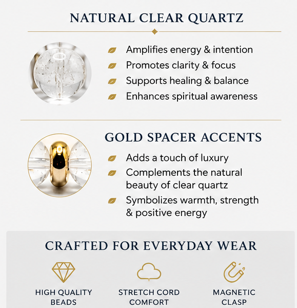 Clear Quartz Bracelet with Gold Spacers – Magnetic Clasp Gemstone Jewelry – Clarity, Focus, & Energy Amplifier