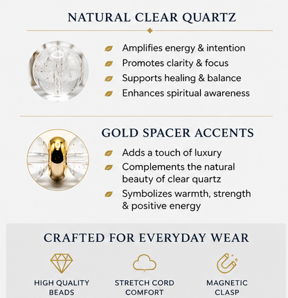 Clear Quartz Bracelet with Gold Spacers – Magnetic Clasp Gemstone Jewelry – Clarity, Focus, & Energy Amplifier
