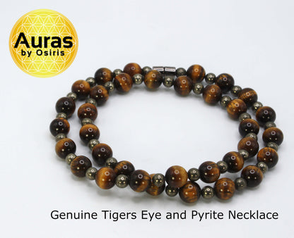 Tiger Eye and Pyrite Necklace – Genuine Gemstone Beaded Jewelry for Men & Women | Handmade 10mm & 6mm Healing Crystal Necklace