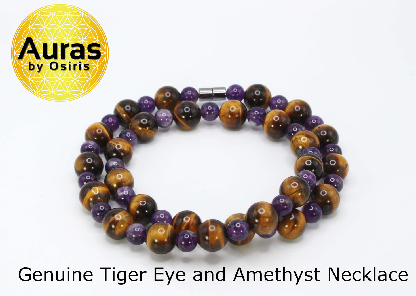 Genuine Tiger Eye and Amethyst Necklace - Gifts for Men/Women - 12mm and 8mm Beaded Necklace