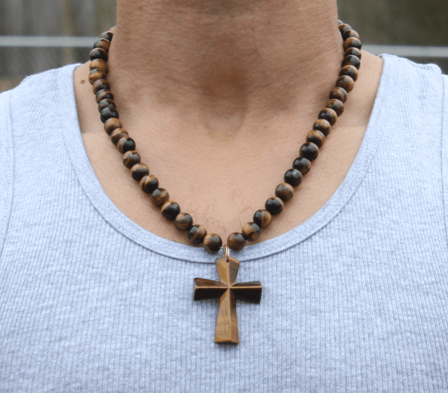 Genuine Tigers Eye Necklace with TIgers Eye Cross - Gift for Men/Woman - Spiritual Accessories - Religious Symbol