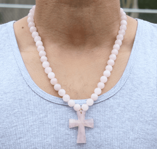 Genuine Rose Quartz Necklace with Rose Quartz Cross - Gift for Men/Woman - Spiritual Accessories - Religious Symbol