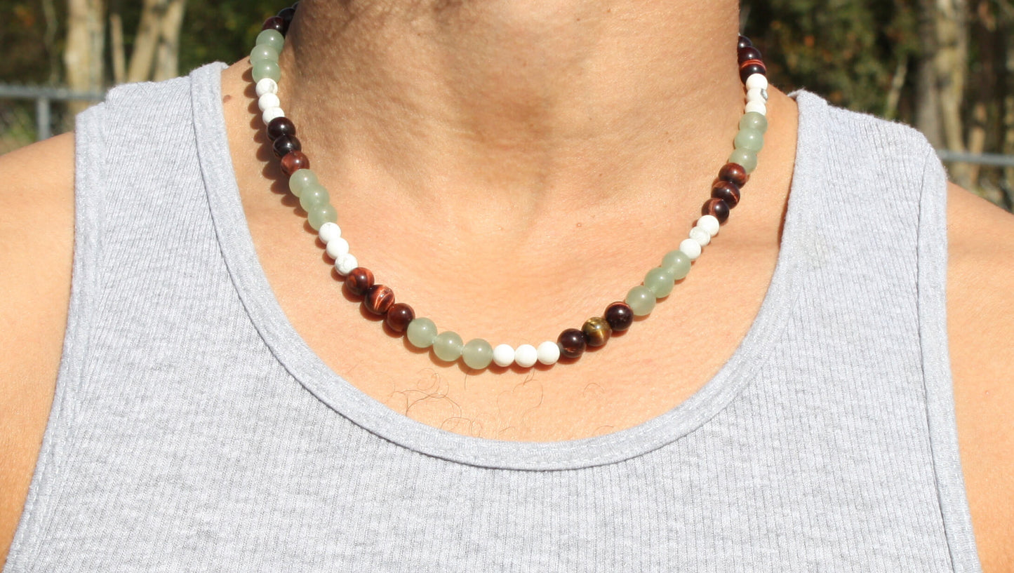 Genuine Howlite, Green Adventurine, Red Tiger Eye Necklace - For Men/Women - 6mm & 8mm Beads - Mexico Necklace