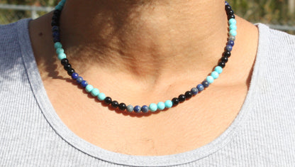 Amethyst, Black Onyx, Lapis Lazuli & Turquoise Necklace – Handmade Gemstone Beaded Jewelry for Men & Women | 6mm Beads, Healing & Protection