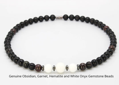 Powerful Quartet Gemstone Necklace – Obsidian, Garnet, Hematite & White Onyx | Strength, Balance & Protection