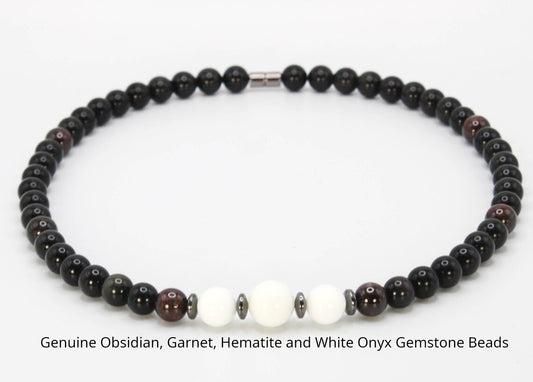 Powerful Quartet Gemstone Necklace – Obsidian, Garnet, Hematite & White Onyx | Strength, Balance & Protection