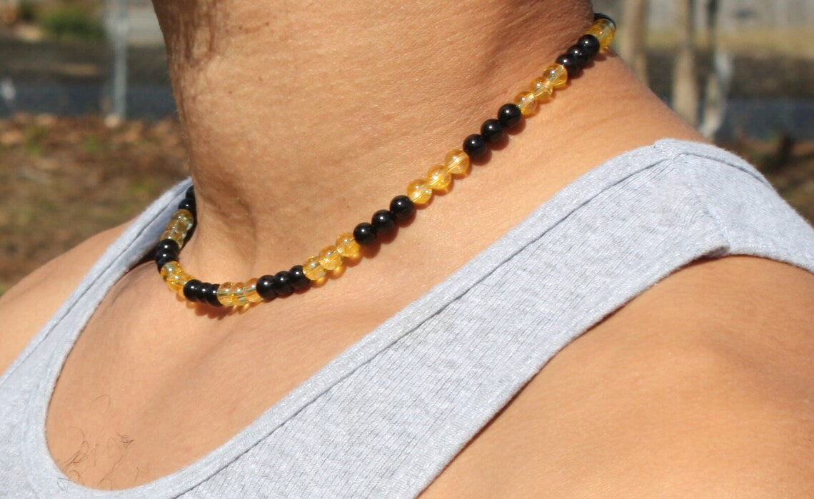 Black Tourmaline and Citrine Necklace | 6mm Beaded Crystal Jewelry for Protection & Prosperity | Handmade Gift for Men & Women