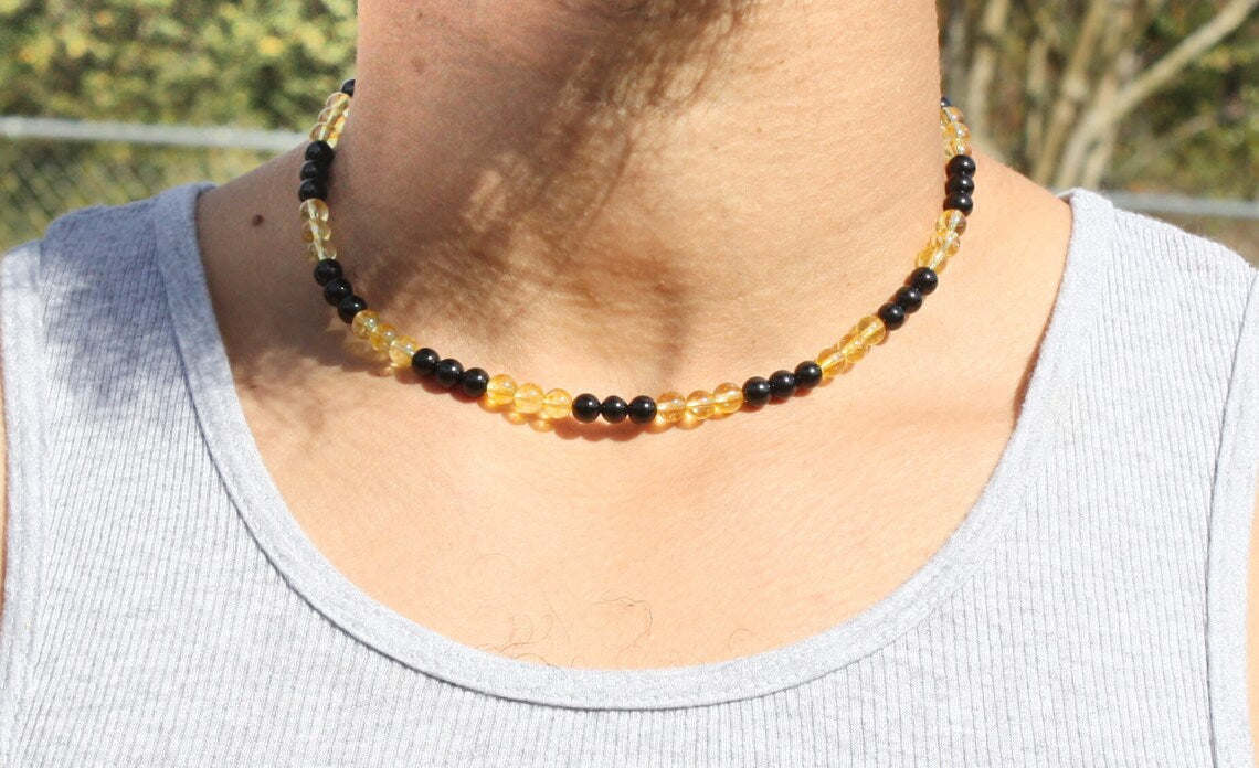 Black Tourmaline and Citrine Necklace | 6mm Beaded Crystal Jewelry for Protection & Prosperity | Handmade Gift for Men & Women