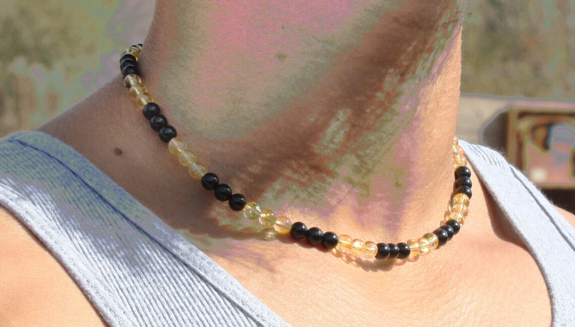 Black Tourmaline and Citrine Necklace | 6mm Beaded Crystal Jewelry for Protection & Prosperity | Handmade Gift for Men & Women